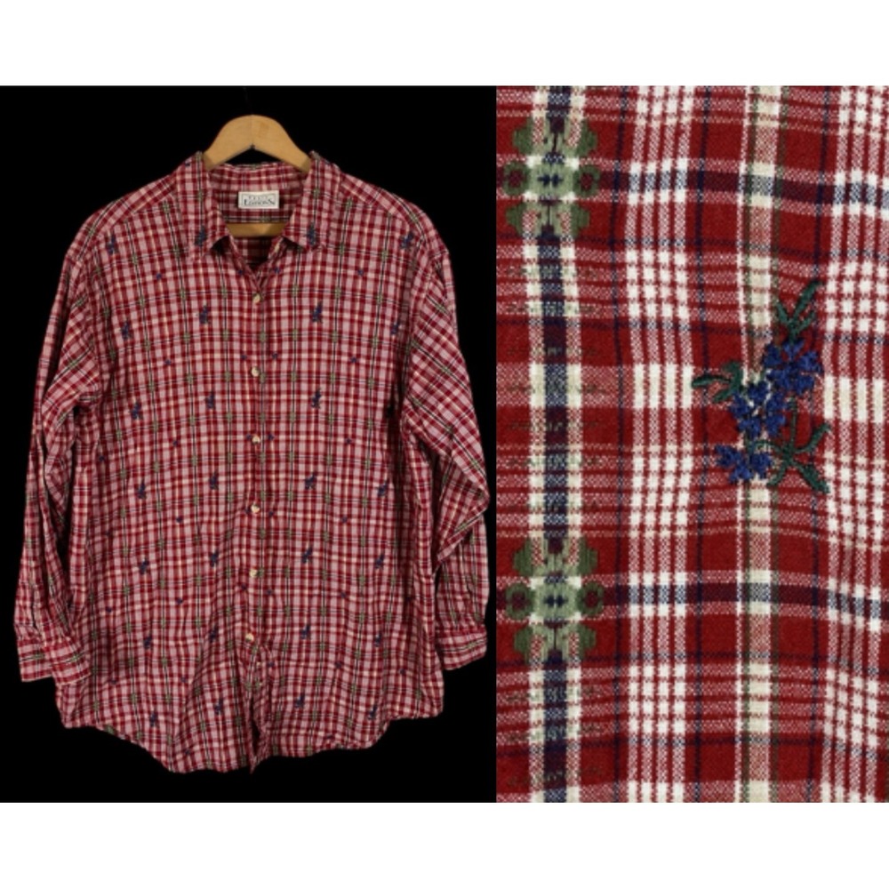 Basic Editions Top Button Up XL Red Plaid Embroidered Floral Country Cabincore